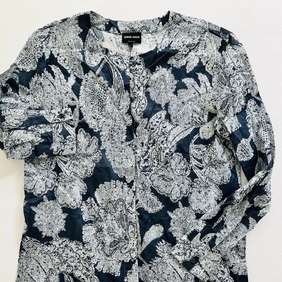 Giorgio Armani Blue Floral Print Tunic Blouse Size 44 XL Long Sleeve Cotton - Picture 3 of 15